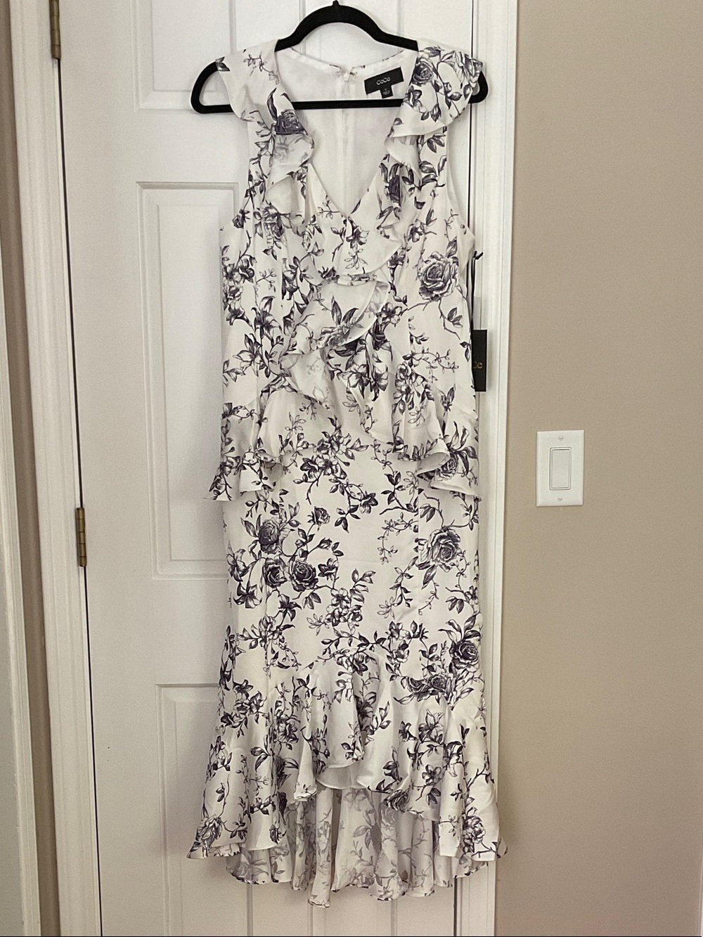 CeCe White Dress with Navy Floral Ruffle High-Low Hem